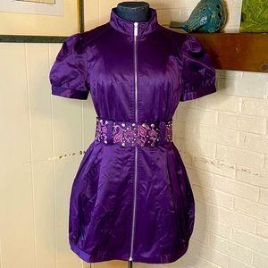 Bebe Dress with Pattern Belt | Mini fit & flare w/ short sleeve, belt, front zip